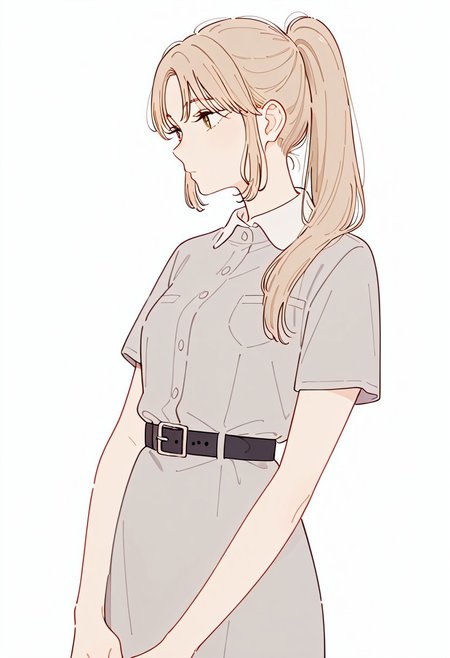 masterpiece, very aesthetic, absurdres, best quality, very aesthetic, highres, very aesthetic, perfect quality, high quality, simple background, white background, 
1girl, solo, Sister Claire, ddsister, bbsister, long hair, ponytail, sidelocks, collared dress, grey dress, short sleeves, buttons, black belt