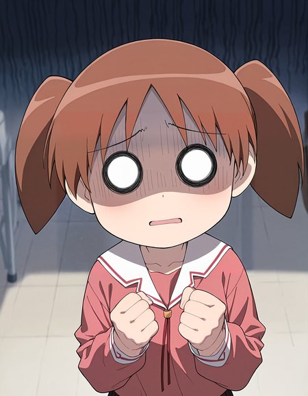 masterpiece, best quality, good quality, newest, highres, absurdres, <lora:Azumanga_style-000010:1>, azumanga_illu, 1girl, school uniform, solo, twintails, short twintails, serafuku, o o, brown hair, long sleeves, shaded face, clenched hands, chibi,depth of field,