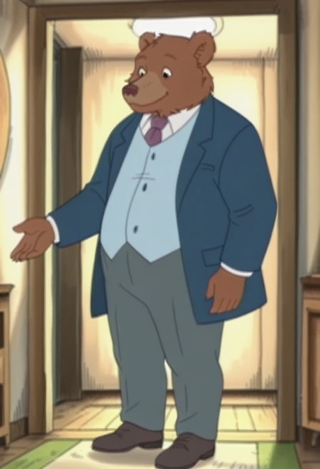 masterpiece, best quality, amazing quality,  FatherBearLBil, semi-anthro, male bear, brown fur, black eyes,  blue suit jacket, light blue vest, purple necktie, grey pants, brown shoes, inside,  standing, solo