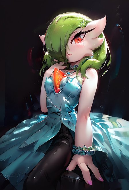 (((gardevoir))), female, furry, (long green hair), pale skin, (score_9, score_8_up, score_7_up), 20 year old, long green hair,  idol dress, perky breasts, hair over breasts, long hair, pretty face, looking at viewer, red eyes, vivid eyes, EGirlMakeup, light freckles, idol outfit, singing, on the stage, volumetric lighting, vivid colours,  g0thicPXL, face focus, Rilex Lenov Art style