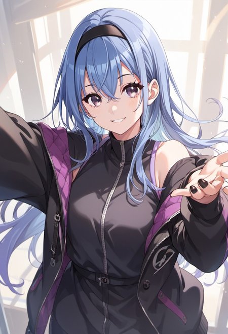 score_9, score_8_up, score_7_up, source_anime, suzuki hana, long hair, blue hair, purple eyes, 1girl, solo, jacket, hairband, looking at viewer, smile, black hairband, black jacket, black nails, off shoulder, outstretched arm, long sleeves, hair between eyes, open jacket