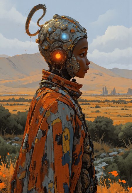 Christmas, Portrait of an African santa woman looking at the viewer, in a futuristic shwe-swhe jumpsuit and multicoloured cloak, modern city on the horizon, plants, trees on the plain, distant pyramids, African tribal elements and jewellery, baobab trees, ambient lighting. Epic, cinematic