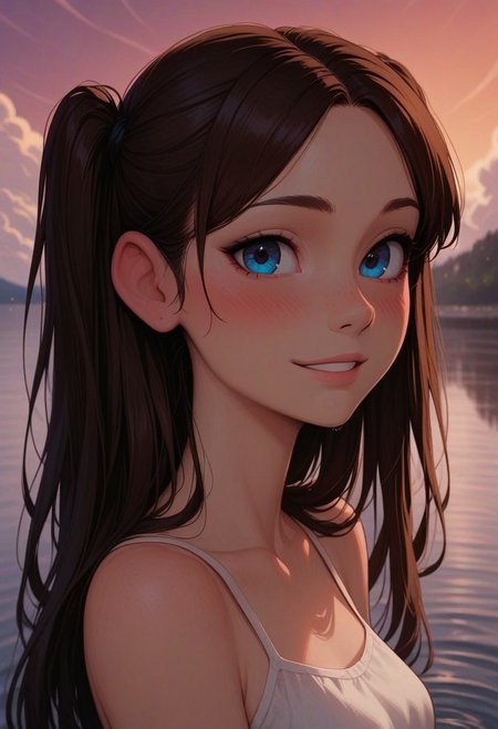 masterpiece, best quality, amazing quality, p0nyd1sney1ncasev1x0n2:1.5, 1girl, 25 years old, perfect face, 
side view, detailed face, portrait, face focus, depth of field, looking at viewer, blush, shy smile, close up,
blue eyes, 
brown hair, long hair, parted bangs, two side up, 
white camisole, 
outdoors, water, sky, clouds,