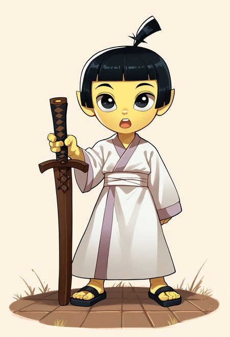 score_9, score_8_up, score_7_up, highly detailed, CuteCartoonStyle, cute, Score_9, Score_8_up, Score_7_up   <lora:Young Samurai Jack:1>,youngjack, fair skin, topknot, short black hair, black eyes, male, weapon, sword, 1boy, solo, male focus, black hair, wooden sword, yellow skin, open mouth, black eyes, holding, colored skin, white kimono, full body,, front view