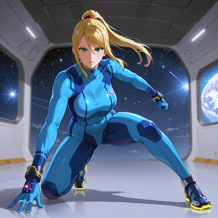 takeda hiromitsu style, source_anime, anime screencap, uncensored, dynamic angle, dynamic view, takeda hiromitsu style, dynamic pose, foreshortening, extreme perspective,
sole female, solo, 1girl, samus aran, blonde hair, swept bangs, long hair, ponytail, mole under left lip, turquoise eyes, zero suite, blue body suit, blue gloves, metal bracelets, sagging breasts, medium breasts, skintight, fully dressed, action pose, dynamic pose, determined, superhero landing, dynamic pose, holding gun, complex background, detailed background, inside giant spacecraft, outer space in window, multiple galaxies in the background, giant view of space, giant window with a view of space, view of planets, view of stars, depth of field, blurry background, volumetric lighting, back lighting, side lighting, 3 point lighting, reflective floor, glossy floor, reflective interior,
<lora:takeda_hiromitsu_style_xl_goofy:1.0>, <lora:DynamicPose_alpha1.0_rank4_noxattn_100steps:3.0>, <lora:Superhero_landing:0.5>