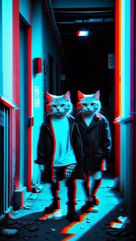 A gang of street cats forms a detective agency and solves crimes in the alleyways of a bustling city. 
(dark shot:1.2)
(optical effect, glitch art, glowing, layered effects:1.2)
 <lora:xray:2>