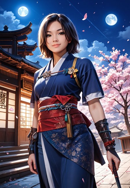score_9, score_8_up, score_7_up, zPDXL3, Photorealistic, real photo, realistic, dynamic pose, dramatic angle, dramatic light, wide shot, 
1girl, Naoe, brown eyes, short black hair, japanese clothes, sash, arm guards, pants, sexy, slim body, athletic body, ((medium breasts)), ((oriental ornament:1.4)), looking at viewer, eager, flirty eyes, adorable girl, perfect face,
confident look, naughty look, (lusty grin), night time, raining outside, detailed background: sakura tree, night time, at night, feudal japan, darkness, moon, village, vista, holding sword, cherry blossoms)