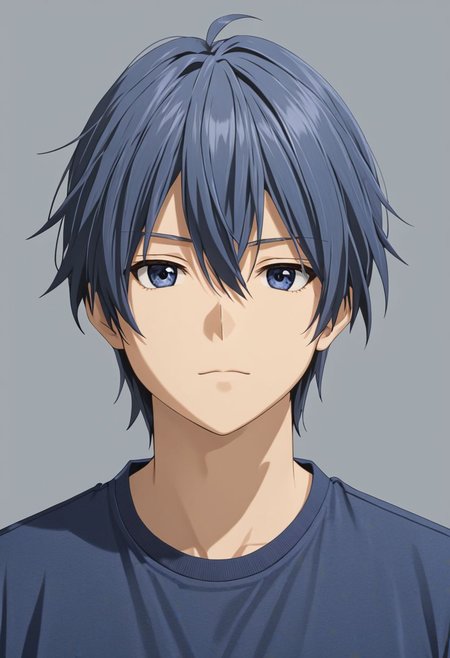 Tomoya Okazaki, masterpiece, best quality, (1boy), solo, male focus, photography, High definition, grey blue hair, 4K, shirt, dark grey background, passport_photo_style