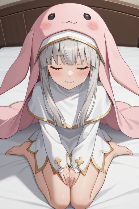 score_9, score_8_up, score_7_up, source_anime, rating_safe, intricate details, anime screencap, official style, 1girl, solo, <lora:Sistermon_Blanc:1>, sistermonblanc, closed eyes, grey hair, pink hat, very long floppy animal ears, white dress with gold trim, long sleeves, white capelet, thighs, looking down, indoor, full body, kneeling, barefeet, from above, sitting on bed, smile, blush
