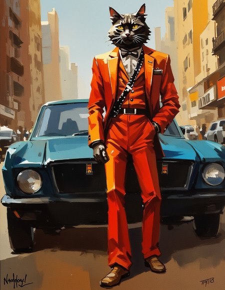oil painting,old 70s photo of a cat wearing pimp suit posing in front of car in the city, extremely detailed <lora:Test_OS:1>
