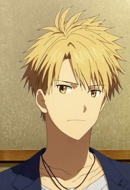 high resolution, solo, best quality, 1Boy, Yamato Ishida, Blond Hair, Necklace, kabedon, OverallDetail