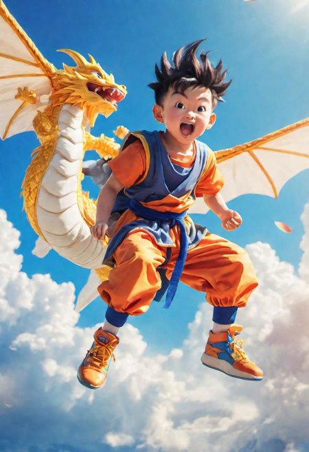 a clouse-up masterpiece illustration of a boy playing dragon ball series riding a flying nimbus, blue sky, sunlight, bloom, bokeh,