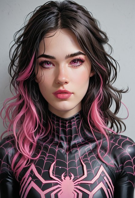 /Spider_Ayane/, pink lipstick, long black hair, pink hair highlights, medium breasts, portrait, black bodysuit with pink spider print, looking at viewer, puty lips, pink eyes
