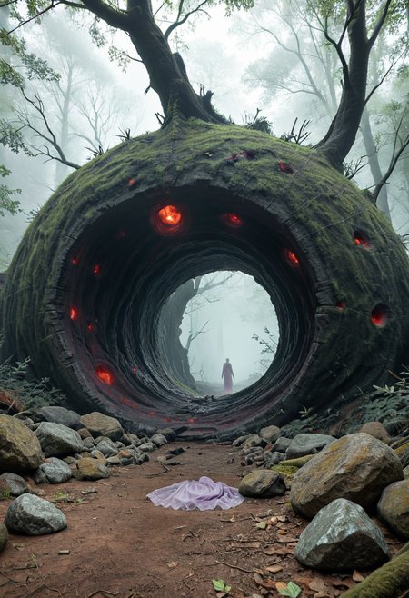 Realistic photograph presents (a panicking victorian woman:1.3) wearing (a see-through nightie:1.3) and wandering in fear inside an eerie extraterrestrial forest. She meets a mystical monument in woods gaping.
BREAK source_realistic, source_photograph, content_realistic. tree. outdoors. bare tree. monster. glowing. (violet-gold vein detailing:1.1). rock. eldritch abomination. dense white fog. In background, a large (sharp-edged pentagonal prismatic structure:1.1) made up of (cracked shiny metal:1.2) reflecting a dimmed light, (dominates backdrop:0.7) as (an aged appearance reminiscent of ancient ruins:0.7). (A gaping hole:0.8). eerie violet lights inside hollow interior. smaller rocks scattered across the ground around. leafless twisted branches. dying woods. stark silhouettes. mystery and intrigue. (hauntingly beautiful yet unsettling settings.:1.1)
<lora:sphere_roots_fog-000040:0.45:0.22>