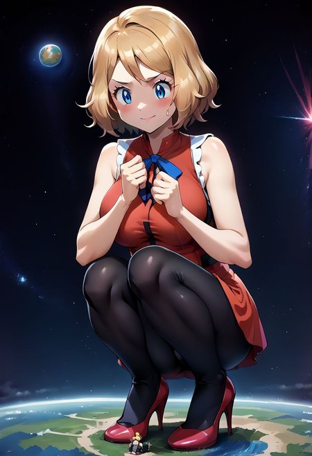 score_9, score_8_up, source_anime, BREAK 1girl, masterpiece, best quality, 1girl, bbserena, solo, short hair, eyelashes, blue eyes, full black legging, full black tights, pink designer high heels, big breasts, squeezing her breasts, squatting in space, holding the earth in the hand, giantess full body shots, giantess, giant, goddess, size difference, slight smile, blushing, growing bigger, long skinny legs, Galaxy, perfect arms, perfect hands, perfect face, perfect legs, perfect thighs, perfect feet, perfect eyes, solo, super giantess