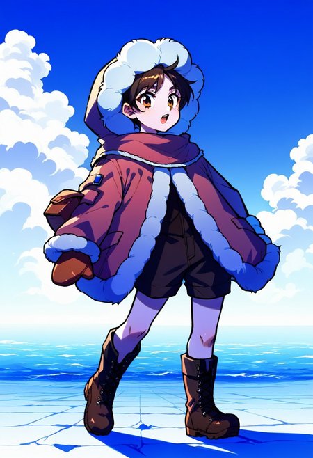 score_9, score_8_up, score_7_up, source_anime, icnana, open mouth, looking at viewer, mittens, boots, fur-trimmed hood, sky, standing, brown footwear, day, jacket