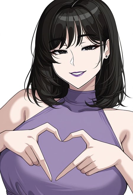 1girl, solo, medium build, medium hair, sfw, safe for work, covered skin, flowy dress,  black eyes, purple lipgloss, smiling, portrait, upper body, heart hands, foreshortening, detailed, newest, hellap