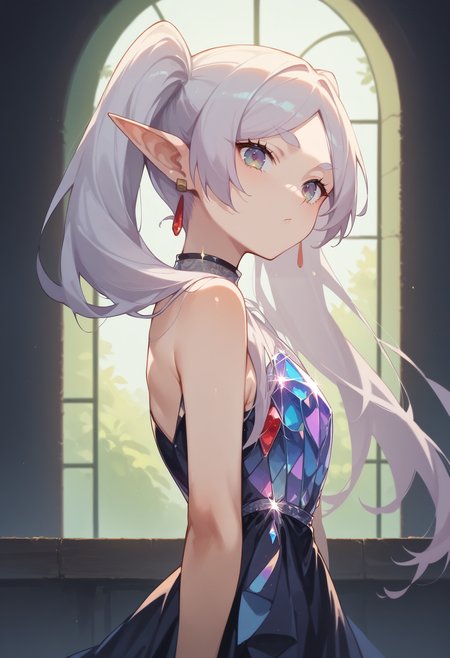 score_9, score_8_up, score_7_up, score_6_up, source anime,
nereirfpnxl, frieren, pointy ears, elf, red earrings, twintails,
crystalline dress, bare shoulders, looking at viewer, from side , hip vent,
volumetric lighting, low key, high contrast, dark room, furniture, indoors, vivid color, window,
masterpeice, best quality, very aesthetic, absurdres
<lora:frieren_nereirfpnxl_pony_v2:0.8>
 <lora:crystalline_dress-PD-1.0:1>