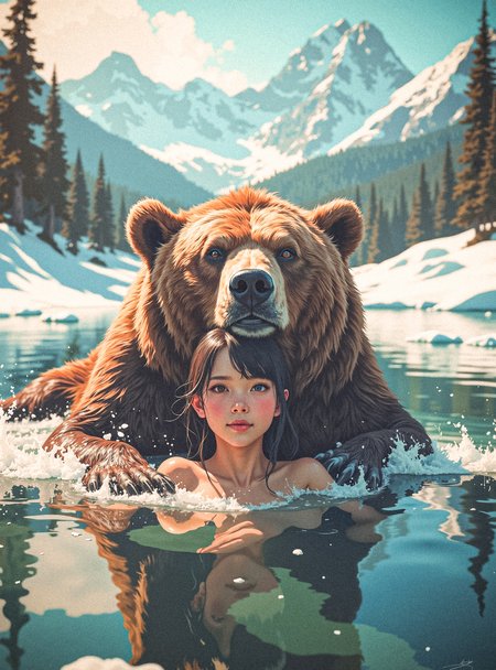 Create a photorealistic image of 1 young woman that is bathing happily with a big brown bear in a lake surrounded by a breathtaking tundra, snow, ice. Steam rises from their bodies

from a distance, wide angled, a light veil lies over the picture, best quality, double exposure, realistic, captivating, fantastical, splash art, intricately detailed, hyper detailed, maximalist style, photorealistic, concept art, sharp focus, harmony, serenity, calm, mysterious glow, dynamic lighting, masterpiece, superb composition, finest details, highest aesthetic, ((front view)), mystical glow, best quality, sharp focus, high contrast, stylized, clear, colorful, ultra quality, 8k, best quality, masterpiece, award winning, a breathtaking masterpiece, award winning, DB4RZ, DB4RZ style painting, NeoPigma, in the style of cksc, anime, cyberpunk, 