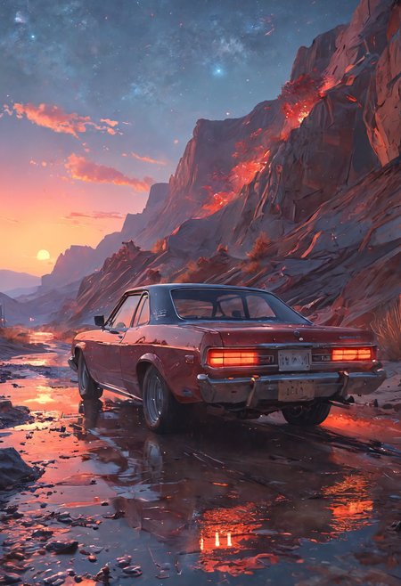 A starry night ride through a long desert road Neon lights, Vibrant colors, By Makoto Shinkai, Stanley Artgerm Lau, WLOP, Rossdraws, James Jean, Andrei Riabovitchev, Marc Simonetti, krenz cushart, Sakimichan, trending on ArtStation, digital art <lora:add-detail-xl:1> <lora:MJ52:0.5>