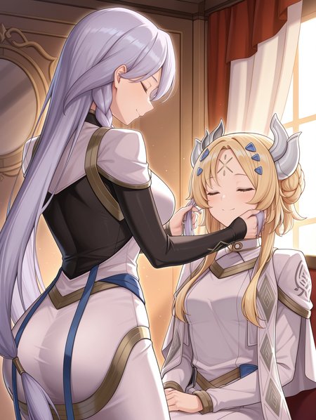 2girls,closed eyes,sitting,adjusting another's hair,smile,from behind,upper body,dogmatika fleurdelis,white capelet,white dress,black bodystocking,dogmatika ecclesia the virtuous,gold forehead mark,blue hairclip,blue hair ribbon,silver hair ornament,white cape,white long dress,hand on another's head,indoors,curtains,
masterpiece,best quality,amazing quality,very aesthetic,absurdres,newest,<lora:Dogmatika Fleurdelis & Ecclesia the Virtuous illuXL v1:0.75>,