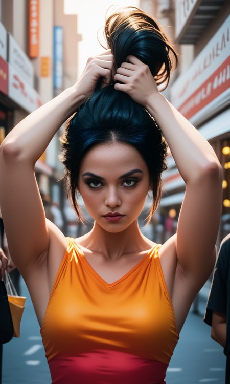 score_9, score_8_up, score_7_up, score_6_up, (front view)+++ , slim girl in a nightly shopping street , holds hair , mkpotail , colorful short dress  , long dark hair    <lora:MakePonytailPony-000005:1>