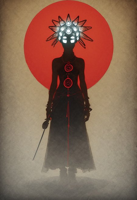 Anime Sketch By hergé, Shrouded black Silhouette of a mysterious sexy vodoo woman wearing a black translucent automaton helmet, intricate translucent technical helmet details, Red circle Background, atmospheric lighting, novuschroma60 style bokeh, The photo features faded colors, with a limited palette of gray, beige, and washed-out red, capturing her cool, striking appearance.. cinematic composition, soft shadows, national geographic style,
