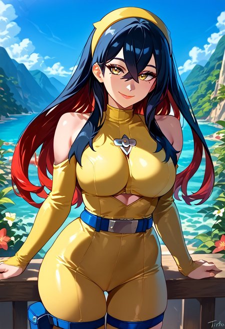 score_9, score_8_up, score_7_up, masterpiece, high quality,  uncensored, makeup, nose, lips, solo, pokemoncarmine, black hair, colored inner hair, crossed bangs, hair between eyes, hairband, long hair, mole, mole under eye, multicolored hair, red hair, sidelocks, two-tone hair, yellow eyes, yellow hairband, long hair, bodysuit, bare shoulders, long sleeves, cleavage, center opening, clothing cutout, thigh strap, bridal gauntlets, belt, round breasts, looking at viewer, toned ass, (blue, yellow and black color scheme), (tiny waist, hourglass figure, big breasts: 1.1), standing, high depth of field,  chilled, relaxed, sky, ((epic view, smile)), (((view from back))