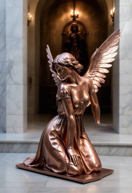 a copper statue portraying a kneeling and weeping angel, bleak, hopeless, depressing, enshrined in an alcove, marble church background
BREAK
CivChan