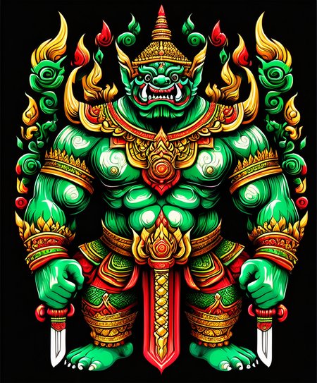 thai ogre style, giant, holding a sword, colors green red and gold, extremely detailed, digital art, t-shirt design, dark blackground <lora:thai ogre_style:0.80>