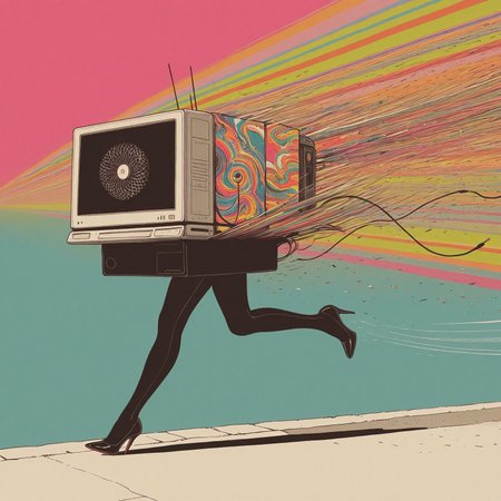 no humans, objectification, computer, legs, running, high heels, street, speed lines, cord, wind,
vdsur, surreal, colorful background, safe