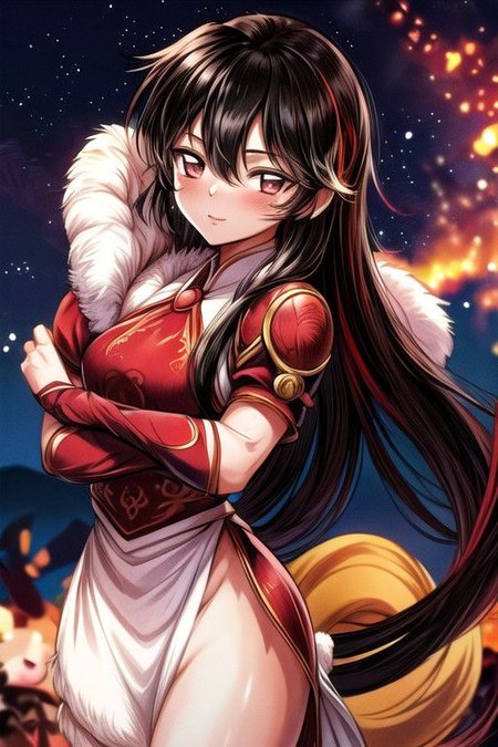 best quality 1girl Setsun4 solo long hair,  (night time) forest background black hair very long hair purple eyes multicolored hair armor, small, (fur trim) (medium body),<lora:EMS-179-EMS:0.800000>,<lora:EMS-293862-EMS:0.800000> bow, hair_bow, hair_tubes, red_bow, brown_hair, long_hair, bangs, ascot, frilled_bow, yellow_ascot, blush, smile, hair_between_eyes, athletic, armor, miko, ,(((intricate outfit,intricate clothes,embroidered outfit,ornate outfit,embroidered clothes,ornate clothes))), strengthmda, crossed arms,