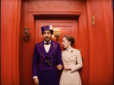 masterpiece, extremely high detail digital RAW color painting of  A man in uniform and a women standing in a hallway, ((red door)), ((red wall)), style_wesandon ,<lora:epiNoiseoffset_v2:1>