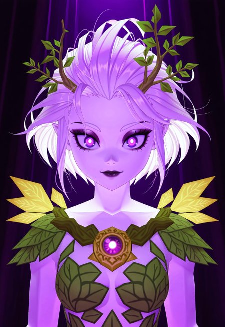 1girl, (light bloom:1.4), 

low poly, 3d, an animated character,

purple eyes, huge pupils, glowing pupils, solid purple sclera, 
messy hair, short hair, 
windswept white hair,  

dryad clothing,

white skin,  
three quarter profile, 

(mascara:1.5),  
 , winged eyeliner, 


masterpiece, best quality, amazing quality, very aesthetic, 8K, 3d rendering,