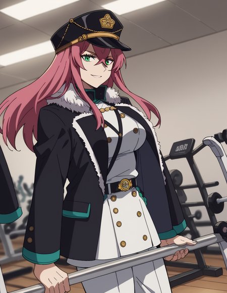 score_9, score_8_up, score_7_up, source_anime, <lora:princia-funnybunny-movie-ponyxl-lora-nochekaiser_r1:1>, princia funnybunny, long hair, green eyes, pink hair, red hair, crossed bangs, sidelocks, hat, jacket, belt, uniform, fur trim, military, military uniform, peaked cap, large breasts,, gym, weights, treadmill, mirrors, exercise, smile, smile, looking at viewer, solo,, dutch angle, cowboy shot