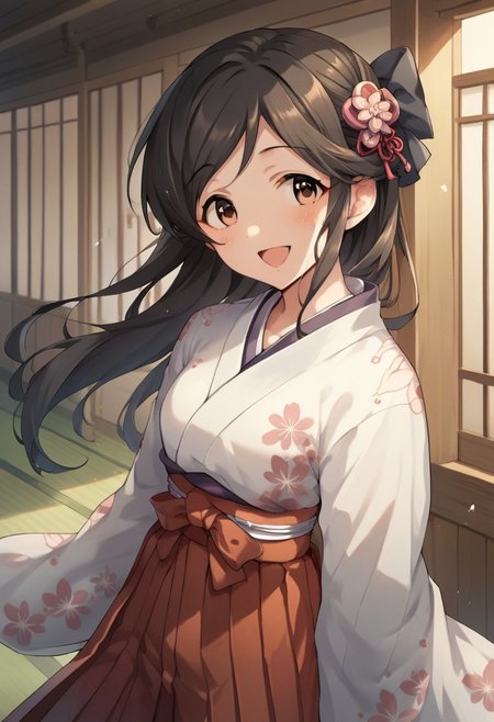 score_9, score_8_up, score_7_up, source_anime,momoi azuki, brown eyes, black hair, 1girl, japanese clothes, long hair, brown hair, blush, open mouth, hakama, hair bow, bow, hakama skirt, smile, kimono