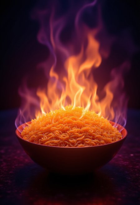 A bowl of ramen, completely engulfed in flames, inferno, blazing, concept art, masterpiece, perfect lighting, purple and green flames, 8k, absurdres, massive fire - rendered in the highest quality