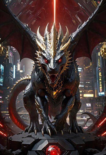 An insanely Detailed Divine dinosaurs, Golden and silver in color, cyberpunk, Diamond and Onyx eyes, a crimson tinge to the golden color, Hyperdetailed, Omnipresent, Beautiful, Sinister overtones, a clash of Good and Evil in the background promoting Golden silver and Crimson Blacks, otherworldly,