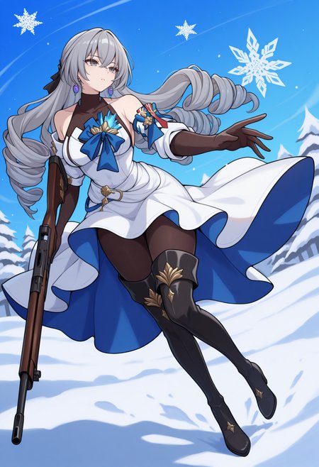 masterpiece, best quality, 1girl, solo, BrnyDefault, grey eyes, grey hair, long hair, drill hair, hair bow, black bow, earrings, halterneck, covered collarbone, white dress, detached sleeves, bare shoulders, blue brooch, black elbow gloves, black pantyhose, black thigh boots, full body, wide shot, holding rifle, rifle, foreshortening, dynamic pose, abstract background, winter, snow, snowflakes, <lora:ChamBronyaRandIllustriousXL:1>