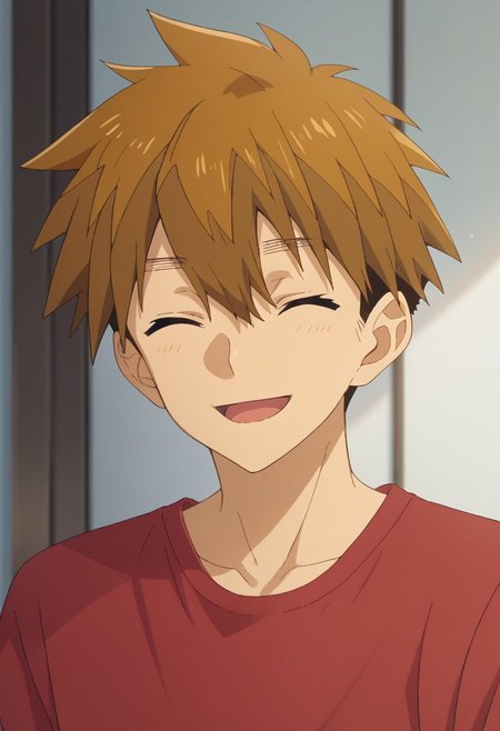 score_9, score_7_up, source_anime, 
yokoya, 1boy, male focus, solo, closed eyes, brown hair, hair between eyes, short hair, shirt, red shirt, t-shirt, smile, open mouth,
indoor,