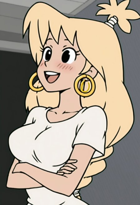 woman, tiffany, kangoo,blonde hair, black eyes, earrings, jewelry, 1girl, crossed arms, hoop earrings, open mouth, smile, shirt, upper teeth only, upper body, breasts, short sleeves, solo focus, blush, white shirt