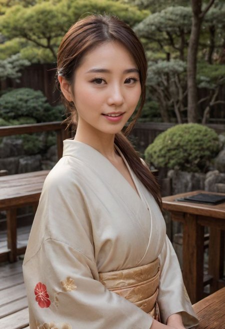 From frontal below :1.3,(dark background:1.3),(sitting behind wood table:1.631),(restaurant at ryokan:1.2),(Japanese tea cups and ((sukiyaki ))on table:1.63),((sukiyaki :1.5)),(beautiful real texture :1),smile face:1,(royal),10k,(real skin texture:1),high resolution,(one 32 years old elegant Japanese woman wearing in jyuban and colored long kimono:1.2), (looking at garden :1.4),exquisite face:1,(163cm tall:1),(fine wrinkle  :1.),(detailed innocent girls face:1.), NegfeetV2,(dazzling expression:1.54),(small single chignon:1), (only (one side )breast:1.654)