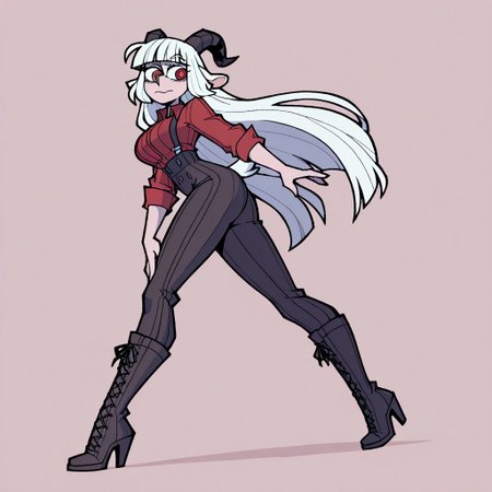 masterpiece, best quality, newest, absurdres, highres, vanripper, 1girl, BAPH-V1.0, animal ears, black horns, goat horns, curled horns, demon girl, demon horns, goat tail, goat ears, white hair, very long hair, white tail, blunt bangs, high heel boots, high heels, high-waist pants, suspenders, printstripe pants, lace-up boots, red shirt,