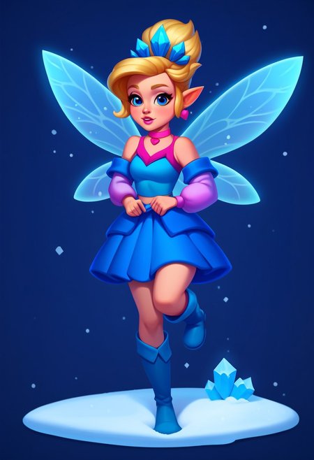 score_9, score_8_up, score_7_up, casual game art style, casual game art, mobile game art, merge 3 game art, character design, mat3g, 1girl, blonde hair, solo, blue eyes, pink earrings, jewelry, winter fairy, blue over-the-knee boots, pointy ears, long hair, fairy wings, blue skirt, detached sleeves, blue crystal crown, blue crop top, pink choker, pink lips, standing on one leg, dark blue background, snow, handfixer