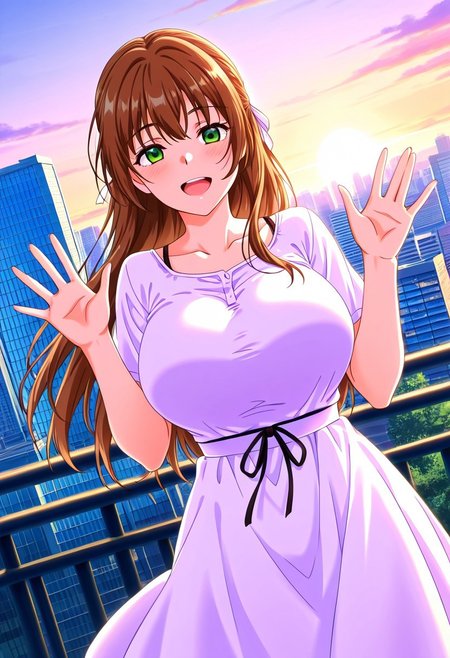 general,highres, ultra-detailed,very aesthetic,best quality ,best hands,best eyes,easynegative,
dynamic anglre, dutch angle, anime cloring,
1girl solo,looking at viewer,smile, open mouth,waving hand, open mouth, city,outdoors, 
Kaede Kasuga,brown_hair, long_hair, hair ribbon, green eyes, huge_breasts,dress,