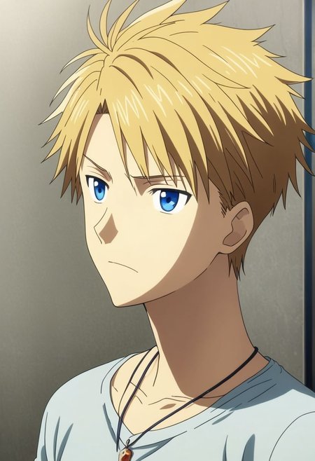high resolution, solo, best quality, 1Boy, Yamato Ishida, Blond Hair, Blue Eyes, Necklace, existential longing, isekai, OverallDetail