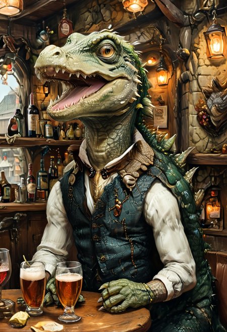 Detailed digital portrait of an anthro Crocodile at a bar, <lora:xl_more_art-full_v1:0.5>,  full body in frame, big tail<lora:The_Crazy_Style:0.7> <lora:anthro_muscular:0.7>