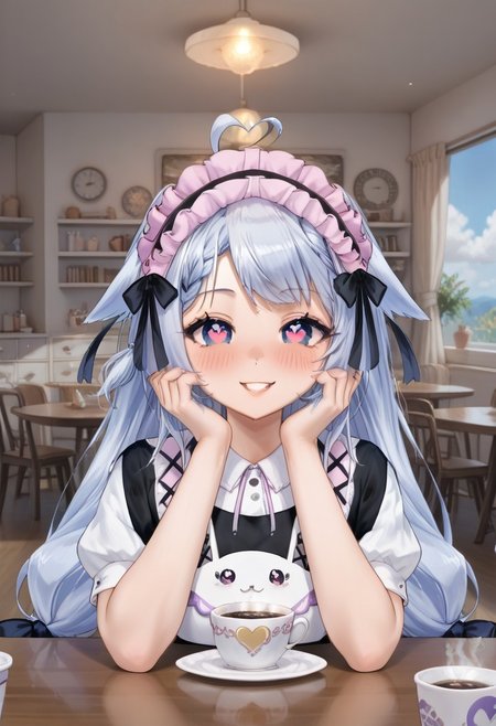 ,score_6,score_7_up,score_8_up,score_9, ((masterpiece,best quality,ultra detailed,highres,HD,4k:1.2)), 
detailed face, detailed eyes, detailed background,
simfonira, source_reference,source_screen_good,   model_type_fox, ears_fox,   outfit_maid,  hair_tails, maid, twintails, long hair, hair bow,
eyes_heart, heart-shaped pupils,
1girl, solo,solo focus,girl focus,face focus,
very long hair,low twintails,bangs,head gear,head ornament,helmet,large breasts,
indoor, cafe, sitting,
((pov date, across table pov, across table)),
 Coffee on the table,hand, right_hand,right_hand touching face, left_hand, left_hand on table, left_hand placed horizontal, happy,smile,blush,