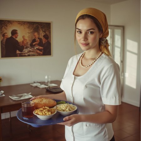 photorealistic shot of a young  woman with long wheat brown hair and brown eyes in a headscarf and a white cook's robe from the USSR with a large neckline holds a blue tray with red juice in a faceted glass, salad, pilaf and pies, big breasts, small beads, her gaze is directed at the lens. Body slightly tilted and directed to the left. In the background on the left is a poster of Soviet propaganda and a table with cutlery. sunlight from  right to left, light effect through window.