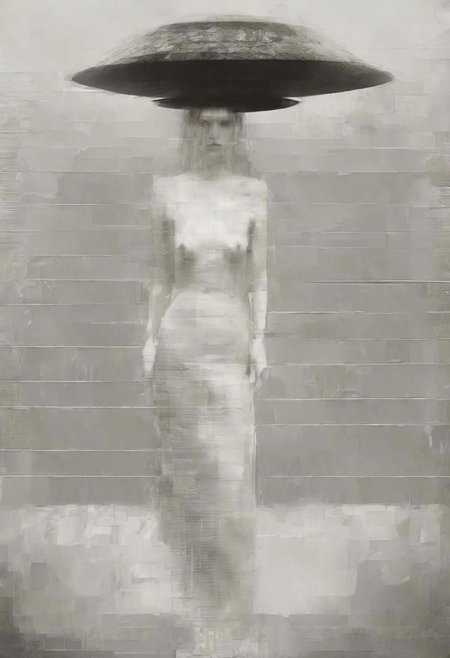 Monochrome black and white, Giger, Beksinski, Zawadzky, Dali, Magritte, Delvaux, Bellmer, Malevitch, Rodchenko, Mondrian, Kandinsky, Popovna, psychedelic hallucination, pop surrealism, rough crosshatch drawing pop art Lunatic_Portrait of a young woman in latex Avant-garde Fashion page, slick back, low bun, black makeup, sinister expression, intense glare, avant-garde, abstract, weird, geometric, constructivism, suprematism, rayonism, verticism, lineism, tj